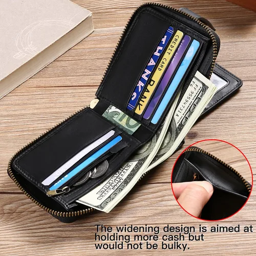 Miniatura 12 de GOIACII Cartera con cremallera para hombre, de piel auténtica, con bloqueo RFID, con cremallera, bolsillo para monedas, para identificación, con Café