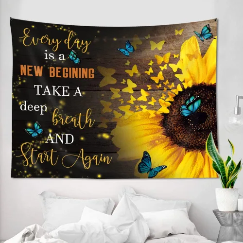 Miniatura 6 de AMBZEK Tapiz de girasol amarillo de 51 pulgadas de alto x 59 pulgadas de ancho, mariposa, floración floral, planta de primavera, marrón, rústico