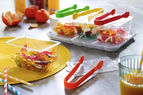 Miniatura 5 de Juego de 4 mini pinzas de plástico multicolor para aperitivos, bufé, fiestas, bodas, catering, ensaladas, hielo, pasteles, aptas para lavavajillas