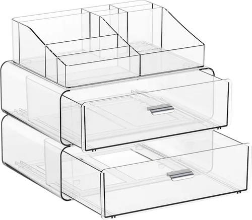 Yieach Organizadores de maquillaje de 3 niveles en acrílico transparente con 2 cajones, soporte de maquillaje tiered de escritorio y organizadores