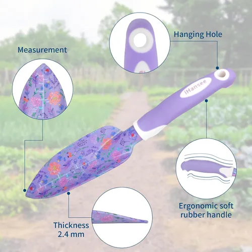 Miniatura 6 de Juego de herramientas de jardín morado de 10 piezas, herramientas de mano de aleación de aluminio y acero con mango ergonómico antideslizante, bolsa