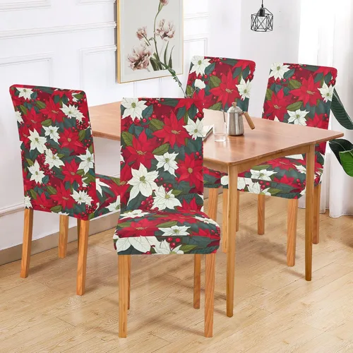 Miniatura 6 de Juego de 2 fundas para silla de comedor con flores de Pascua de Navidad, extraíbles y lavables, para hotel, ceremonia, banquete, boda, fiesta
