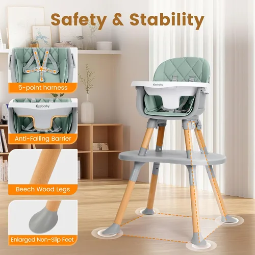 Miniatura 3 de Ezebaby Silla alta convertible para bebé con mesa y asiento, silla de alimentación ajustable 8 en 1, asiento elevador de comedor de múltiples etapas