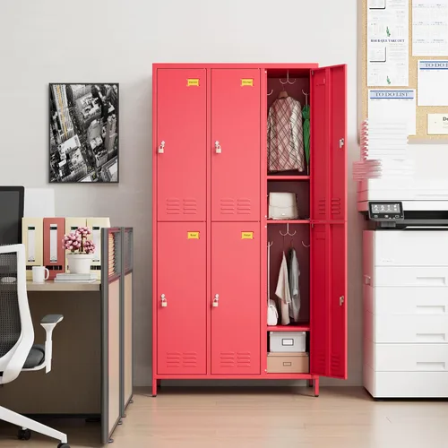 Miniatura 6 de SUPEER Casillero de Metal de 6 Puertas para Empleados con Soporte para Tarjetas de Visita y 18 Ganchos, Casillero de Metal para Empleados con Rojo
