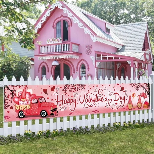 Cartel del día de San Valentín de 120 x 20 pulgadas, decoración al aire libre, letrero de San Valentín, corazones rosados, gnomos, suministros de