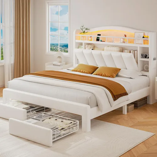 Miniatura 11 de Base de cama LED individual con cabecera de almacenamiento y 2 cajones de almacenamiento, cama tapizada de terciopelo princesa con diseño de Rosa