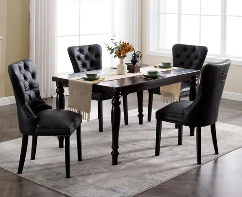 Miniatura 14 de EALSON Juego de 2 sillas de comedor modernas de cuero de mediados de siglo con patas de madera, sillas laterales de cocina tapizadas con ribete