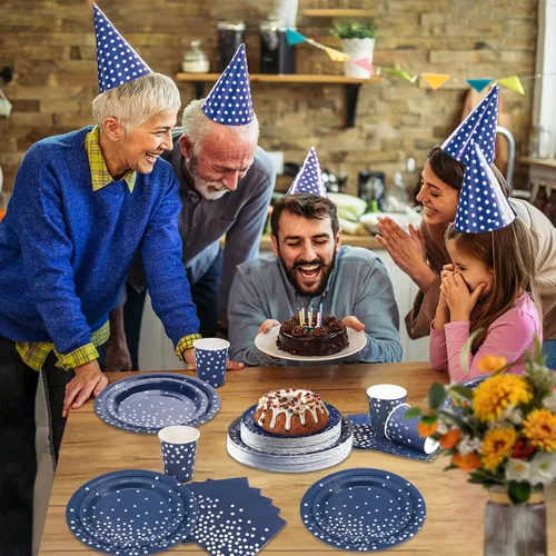 Miniatura 7 de 200 platos de cumpleaños desechables azules y plateados para 50 invitados, platos y servilletas de color azul marino para decoración de boda, Azul