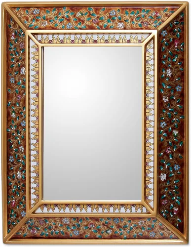 Miniatura 6 de NOVICA Espejo decorativo de pared con marco de madera de vidrio pintado en reversa rojo de Perú 'Ruby Medallion' (grande)