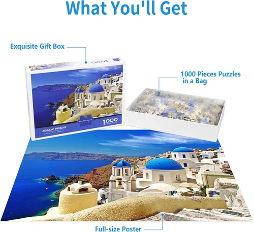Miniatura 4 de Rompecabezas de 1000 piezas para adultos, rompecabezas del mar Egeo, Grecia, Santorini, rompecabezas de paisaje, juguete de presión reducida
