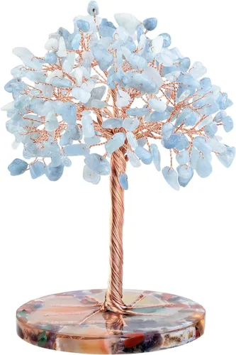 Nupuyai Árbol de dinero de piedra de cristal aguamarina envuelto en rodajas redondas de ágata orgónica, árbol de la vida, bonsái de Feng Shui,