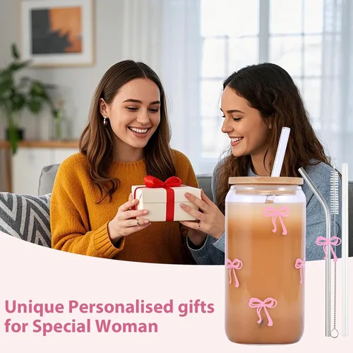 Miniatura 3 de Tazas de vidrio lindas con moño rosa y tapas y popotes, taza estética de café helado, taza de diseño preppy femenino, regalos de cumpleaños y San