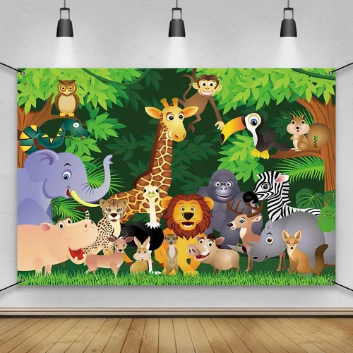 AWERT Cartel de poliéster de 6 x 3.6 pies de dibujos animados de animales de la selva con temática de safari de la selva cartel de cumpleaños de