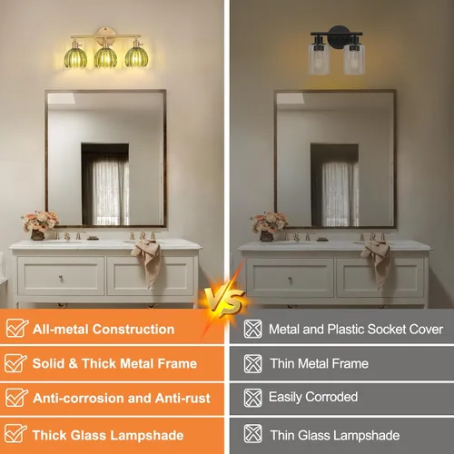 Miniatura 3 de Shenmoyl Accesorios de iluminación de baño, lámpara de pared de latón de 3 luces sobre espejo con pantalla de vidrio en forma de tulipán verde
