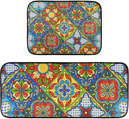 Emelivor Juego de 2 alfombras y tapetes de cocina con azulejos mexicanos Talavera, antideslizantes, lavables, juego de 2 alfombras decorativas para