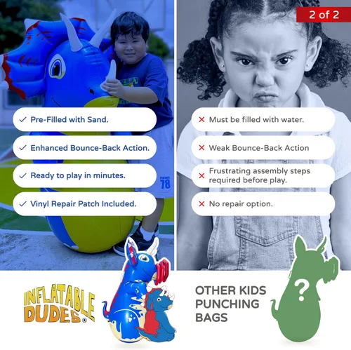 Miniatura 6 de INFLATABLE DUDES Dinosaurio - Saco de boxeo para niños Ya lleno de arena Bolsa Bop Juguete de boxeo inflable Saco de boxeo para niños Blue