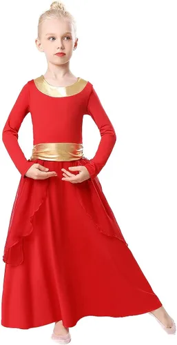 Miniatura 3 de REXREII - Traje de baile con cintura metálica de manga larga litúrgica para niñas