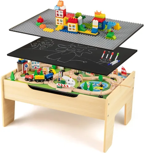Miniatura 11 de Mesa de Tren INFANS, Juego de 80 Piezas de Madera para Niños con Juego de Actividad Reversible y Desmontable, Pistas, Tren, Ferrocarril, Ciudad