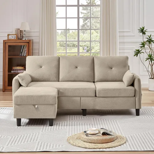 Miniatura 6 de Sofás Seccionales Convertibles de 77", Sofá en Forma de L de 3 Asientos con Chaise de Almacenamiento y Almohadas Removibles, Sofá Pequeño de Tela