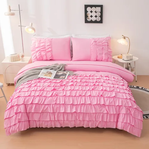 Miniatura 11 de Juego de edredón rosa individual, ropa de cama de 5 piezas en una bolsa individual para niñas adolescentes, juego de ropa de cama con volantes rosas