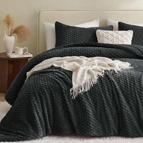 Petrichor Juego de edredón esponjoso tamaño individual, edredón grueso de franela negra ultrasuave para cama Queen, juego de ropa de cama cálido de