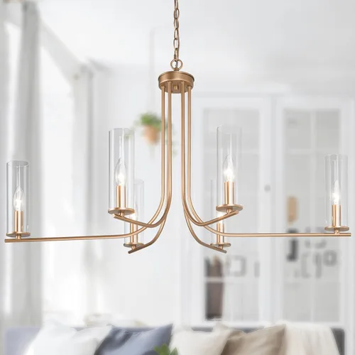 Miniatura 11 de Durent Lighting Candelabro de tambor dorado de 4 luces moderno con pantalla de vidrio crema, lámpara colgante de techo redonda de 16 pulgadas