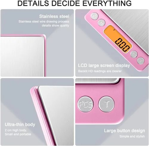 Miniatura 5 de Diyife - Báscula de alimentos de cocina de alta precisión de 0.00 oz, báscula digital portátil de 17.64 oz con pantalla LCD, tare, báscula Rosa