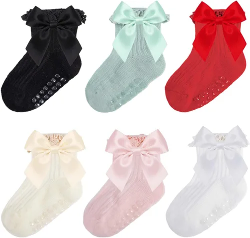 Miniatura 21 de Calcetines para bebé niña con agarre antideslizante con volantes con lazos, algodón suave, calcetines con empuñaduras para bebé recién nacido
