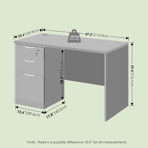 Miniatura 2 de Furinno Roger - Escritorio ejecutivo de 47 pulgadas con archivador, escritorio de oficina en casa con archivador de pedestal fijo de 3 cajones, ojal