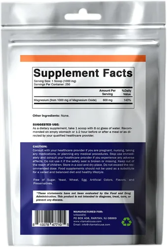 Miniatura 8 de Vitamatic Polvo de óxido de magnesio – 1000 mg por porción – 250 porciones – Suplemento de magnesio de alta absorción – 600 mg de magnesio elemental
