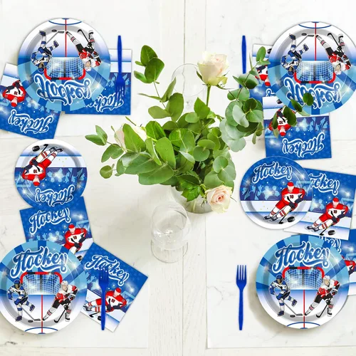 Miniatura 7 de Wiooffen 96 piezas de suministros para fiestas de hockey sobre hielo, platos para fiesta de cumpleaños, juego de servilletas, juego de vajilla