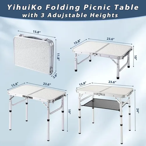 Miniatura 3 de YihuiKo Mesa de picnic plegable, mesa de campamento pequeña con alturas ajustables, mesa auxiliar de aluminio ligera portátil para oficina, playa