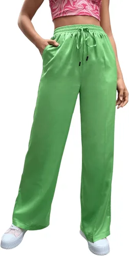 Miniatura 3 de SweatyRocks Pantalones de satén de pierna ancha para mujer con cintura elástica y bolsillo