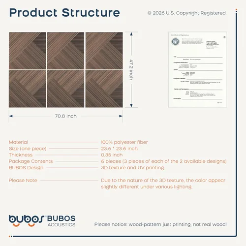 Miniatura 3 de BUBOS Paquete de 6 paneles de pared de madera acústica, paneles absorbentes de sonido de 23.6 x 23.6 pulgadas con respaldo adhesivo completo, Rojo