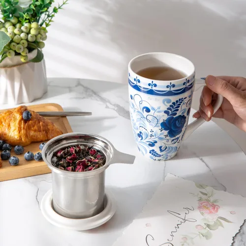 Miniatura 7 de GBHOME Taza de té con infusor y tapa, taza de té grande de cerámica de 18 onzas para hojas sueltas, apta para microondas y lavavajillas, taza