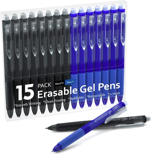 Miniatura 10 de Lineon Bolígrafos de gel borrables, paquete de 15 bolígrafos negros retráctiles borrables, punta fina, desaparecen los errores, tintas negras