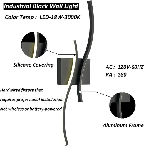 Miniatura 6 de Lámpara de pared con luz LED moderna, minimalista, industrial, de 24" en negro, para espacios pequeños, lámpara de pared con cableado para baño