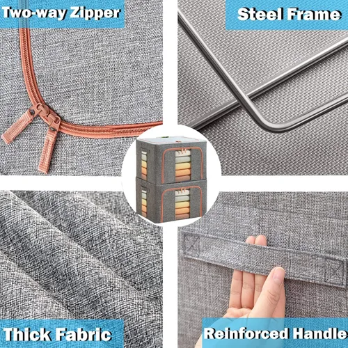 Miniatura 7 de Bolsas de almacenamiento grandes de 100 litros, contenedores apilables de lino con marco de metal en forma de sujeción, 2 vías de apertura