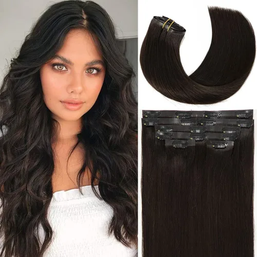 Miniatura 62 de Loxxy Extensiones de cabello humano con clip, sin costuras, 22 pulgadas, color marrón oscuro a castaño oscuro y marrón oscuro, 7 piezas