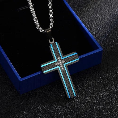 Miniatura 5 de Holizaly Collar de cruz para hombre, colgante de acero inoxidable 316L, color blanco, dorado, negro, azul, caja de regalo incluida