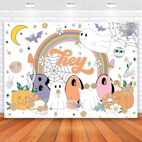 Avezano Hey Boo - Telón de fondo retro Groovy Rainbow para Halloween, baby shower, decoración de fiesta de baby shower, mesa de postre (5 x 3 pies,