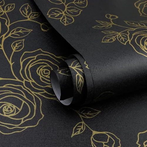 Miniatura 2 de Amiya Papel tapiz floral negro y dorado, línea de papel tapiz para despegar y pegar, estilo bohemio, retro, renovación de dormitorios, armarios