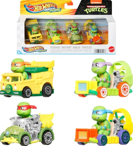 Miniatura 7 de Hot Wheels - Autos de juguete fundidos a presión, paquete de 4 vehículos RacerVerse con personajes de Jurassic World Charlie, Owen, Dilophosaurus
