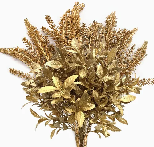 Miniatura 19 de CATTREE Plantas artificiales para decoración de Navidad, hierba de plástico dorado, hojas falsas, arbustos de simulación para interiores y Hojas