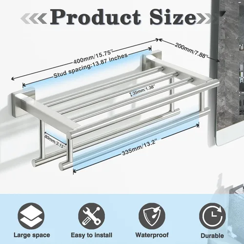 Miniatura 9 de Alise Toallero, Estante de Toallas con Barras Dobles para Lavabo de Baño, SUS 304 Acero Inoxidable de Montaje en Pared, 40.6 cm Níquel Cepillado