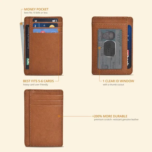 Miniatura 2 de Cartera de cuero Oak Leathers delgada y minimalista con bloqueo RFID para hombres y mujeres con bolsillo frontal, Coñac, Pequeña