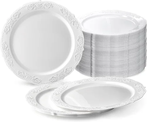 Paquete de 240 platos, platos desechables de plástico vintage para fiestas de boda (plato llano de 10.25 pulgadas, color blanco liso)