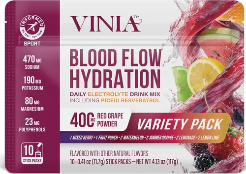VINIA Mezcla de polvo de hidratación de electrolitos Resveratrol | Aumenta el flujo sanguíneo y la circulación | Sal marina, agua de coco, potasio,