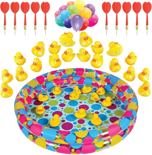 Gamie Juego de juego de estanque de patos y dardos para niños, incluye 20 patos de plástico con números y piscina inflable de 3 x 6 pulgadas e