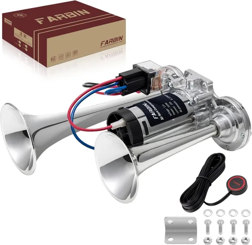 Miniatura 20 de FARBIN - Bocina de coche de 12 V, 150 dB, bocina de aire súper fuerte, bocinas de aire de doble trompeta de zinc cromado, bocina de camión con arnés